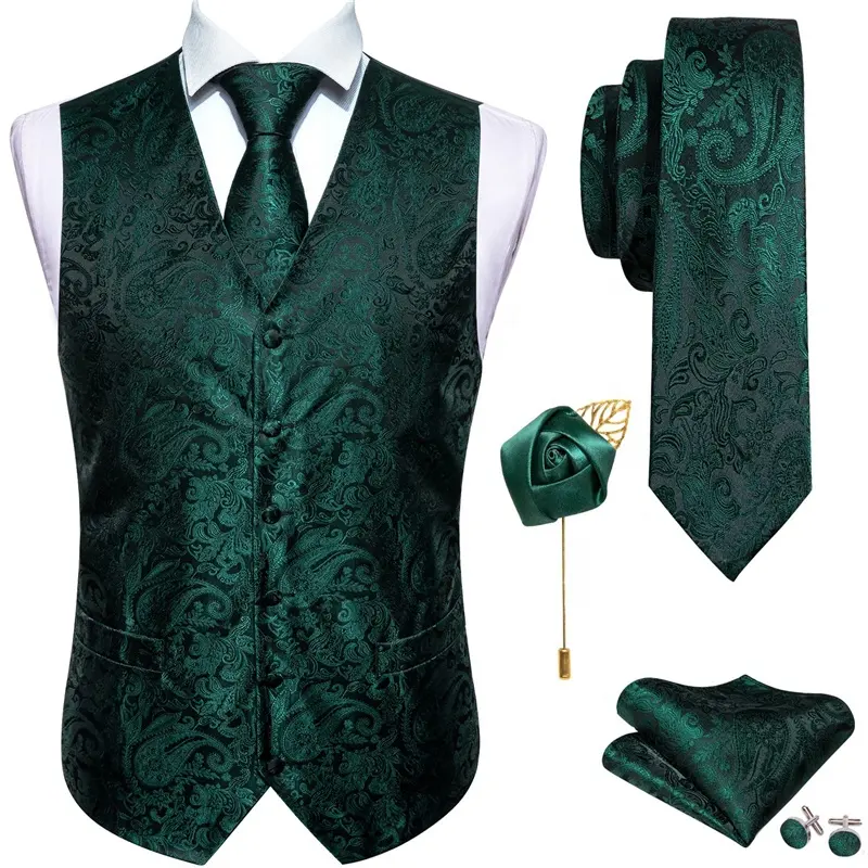 Wholesale Custom Mens V-Neck Suit Waistcoat Paisley Silk Jacquard Vest Ties Clips Set Wedding Party