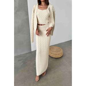 Three Piece Knitwear Set Women's <b>Sweater</b> Cardigan And Skirt Bone Color S Size <b>Cable</b> <b>Knit</b> Cozy Outfit - Product Image 5