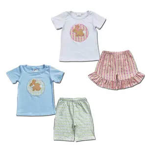 GSSO0158 Mädchen bestickt Kaninchen weiß kurzärmelig Plaid Shorts anzug kinder baby junge kleidung baby mädchen kleidung sets kinder