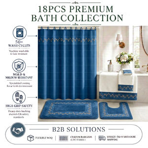 Set <span class=keywords><strong>da</strong></span> <span class=keywords><strong>Bagno</strong></span> 18 Pezzi Lusso Blu Reale Ricamo Oro Tenda Impermeabile Tappeto Antiscivolo Asciugamani Assorbenti Ingrosso - Product Image 1