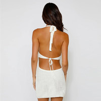 Robe d'été sexy pour femme, style européen et américain, en maille, mini, coupe trapèze, unie, à col en V, dos nu, ajourée, ajustée, avec lien à nouer au cou et style licou