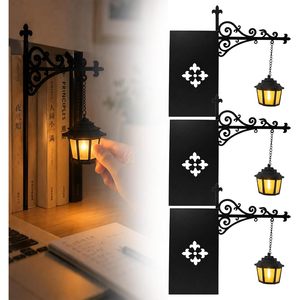 Lanterne de bibliothèque, mini lampe d'étagère, 3 pièces, en plastique noir, LED, lumière suspendue pour bibliothèque, interrupteur à bouton-poussoir - Product Image 1