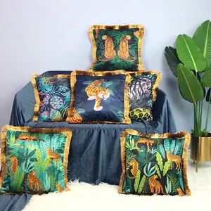 molotu Latest Designs leopard jungle series imitated silk fabric Cushion Cover With Tassels