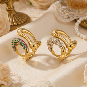 Trendy Irregular Curved Rhinestone <b>Ring</b> 18K Gold Plated Stainless Steel Open Adjustable Pave <b>Crystal</b> Stackable Statement <b>Ring</b> - Product Image 3