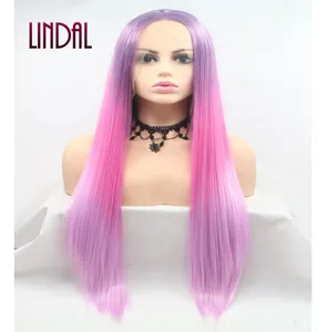 Ash Pink Lace Front Wig Glueless Ombre Hot Pink Plum Hair Synthetic Long Straight Hair Peekaboo Wigs Heat Resistant Fiber Hair