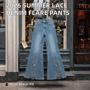 Nuevos pantalones vaqueros acampanados de encaje al por mayor para verano 2026, estilo francés chic, de cintura alta, con abertura frontal, transpirables, elegantes, azules, de pierna recta. - Product Image 2