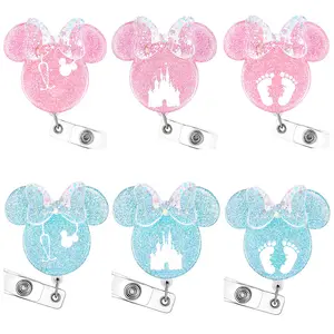 Custom Personalized Minnie Mouse Shape Sprinkles Acrylic Nurse Retractable Badge Reels Holder Badge Holder With Alligator Clip