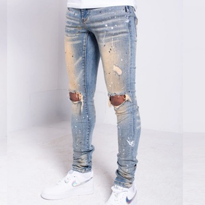 Jeans Ajustados Retro para Hombre, Personalizados, con Lavado a la Moda, Efecto Salpicado de Pintura y Rodillas Desgarradas, Venta al Por Mayor - Product Image 4