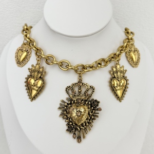 Nouveau collier ras du cou en chaîne épaisse dorée de style rétro vintage - Pendentifs multiples en forme de cœur sacré, <span class=keywords><strong>bijoux</strong></span> <span class=keywords><strong>fantaisie</strong></span> pour femmes - Product Image 1