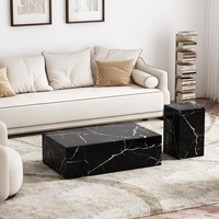 Ensemble de table basse rectangulaire moderne en placage de marbre et table d'appoint carrée sur piétement