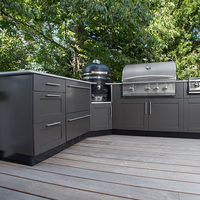 Kabinet Dapur Luar Ruangan Modern Kustom Aluminium PVC 304 Stainless Steel Modular Kabinet BBQ Wastafel Backsplash Tahan Air untuk Teras