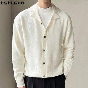 Cárdigan Personalizado con Cuello Polo para Hombre, Color Crema, Mohair Afelpado, Solapa con Muescas, Corte Holgado, Estilo Urbano, Fabricantes de Suéteres para Hombre al por Mayor - Product Image 1