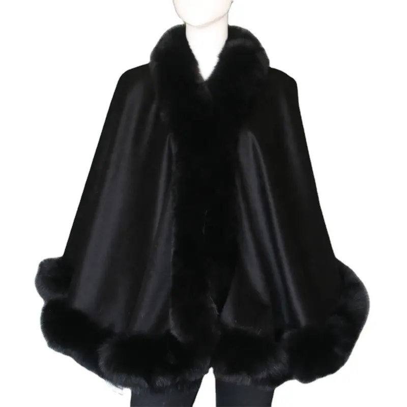 Cashmere cape with fur trim real fox fur women poncho genuine fur cloak