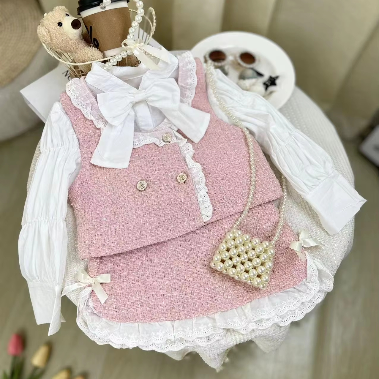 2024 Spring Autumn Wholesale Kids Wear Long Sleeve Shirt Plaid Lace Vest Coat Skirt 3Pcs Clothes for Little Girls