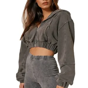 100% Baumwolle 400 Gsm Fleece Acid Wash Distressed Übergroße Zip Up Crop Top Übergroße Vintage Hoodie Jacke mit Reiß verschluss für Frauen