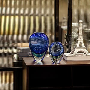 Décoration de salon, vases à bougies cylindriques en verre vintage bleu océan profond, centre de table de mariage, transparent - Product Image 1