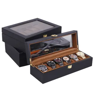 Atacado logotipo personalizado luxo caixa de presente de madeira preta relógio de madeira caixa de presente para relógio de pulso embalagem