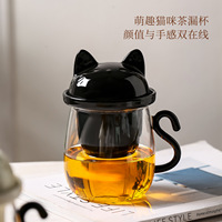 Mug à thé en verre à double paroi en forme de chat, résistant au lave-vaisselle, avec infuseur, en borosilicate, tasse mignonne de dessin animé avec poignée en forme de queue pour la maison et le bureau