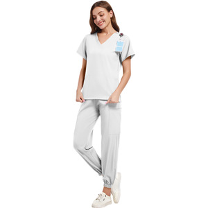 Women's V-Neck Scrub Set Short Sleeve Knitted Moisture Wicking Hospital Uniforms Casual Wear For Medical Care - Product Image 1