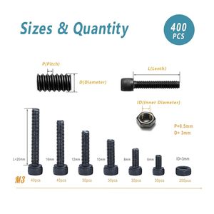 M3 Hex Socket Cap <b>Screws</b> Nuts Kit 400pcs 12.9 Grade Alloy Steel Metric Black <b>Galvanized</b> Construction Use - Product Image 5