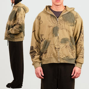 Sweat à capuche zippé pour homme KingSen OEM, imprimé numérique brodé, respirant, effet vieilli, polaire épais, hiver, vintage, hip-hop - Product Image 1