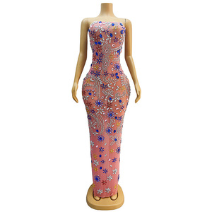 Abito Lungo in Pizzo per Cantante, Spettacolo sul Palco, Presentatrice, Cerimonia, <span class=keywords><strong>Rosa</strong></span>, Elegante, con Motivo a Gemme, Stile Lussuoso, Maxi Abito Casual Aderente - Product Image 1