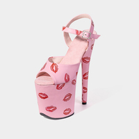 Sandales d'été sexy à talons hauts de 20 cm, plateforme ouverte, imprimé lèvres noir/rose pâle, pour boîte de nuit, danse sur barre, semelle intermédiaire en bois