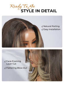 Perruque Bob en cheveux humains bruts vietnamiens blonds <span class=keywords><strong>avec</strong></span> mèches, <span class=keywords><strong>frange</strong></span> rideau effet blowout, sans colle, perruque frontale en dentelle 13x4 pré-coupée <span class=keywords><strong>avec</strong></span> cordon de serrage - Product Image 4