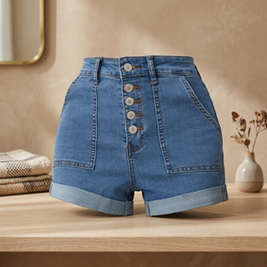 High <b>Waist</b> Denim Shorts <b>With</b> Button Fly Solid Color Casual Women's <b>Jeans</b> Shorts Stonewashed Cotton Fabric Regular Fit - Product Image 3