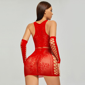 Robe moulante en résille ornée de strass pour femme, col halter papillon ajouré avec gants - Product Image 3