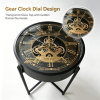 Table d'appoint décorative ronde avec horloge, cadre en métal noir, chiffres romains, pour salon et couloir