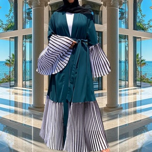 Abaya Modeste en Tissu Nida avec Empiècements en Chiffon Rayé, Manches Amples, Cardigan Musulman Islamique Printemps-Été 1889 # - Product Image 6