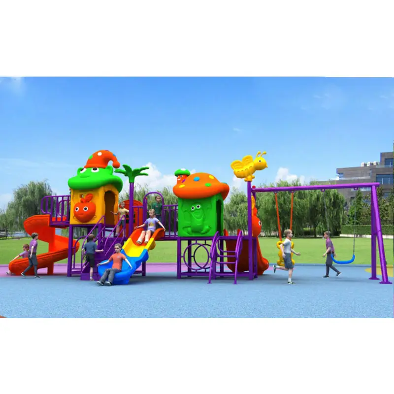 ชุดสไลด์พลาสติกและชิงช้าสนามเด็กเล่นสำหรับปีนเขากลางแจ้งสวนสนุกเชิงพาณิชย์เครื่องเล่น