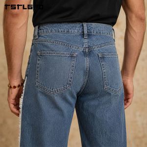 Pantalones vaqueros de pierna recta Cut And Sew Sawyer con flecos laterales, lavado vintage, efecto desgastado, estilo streetwear, venta al por mayor a granel - Product Image 3