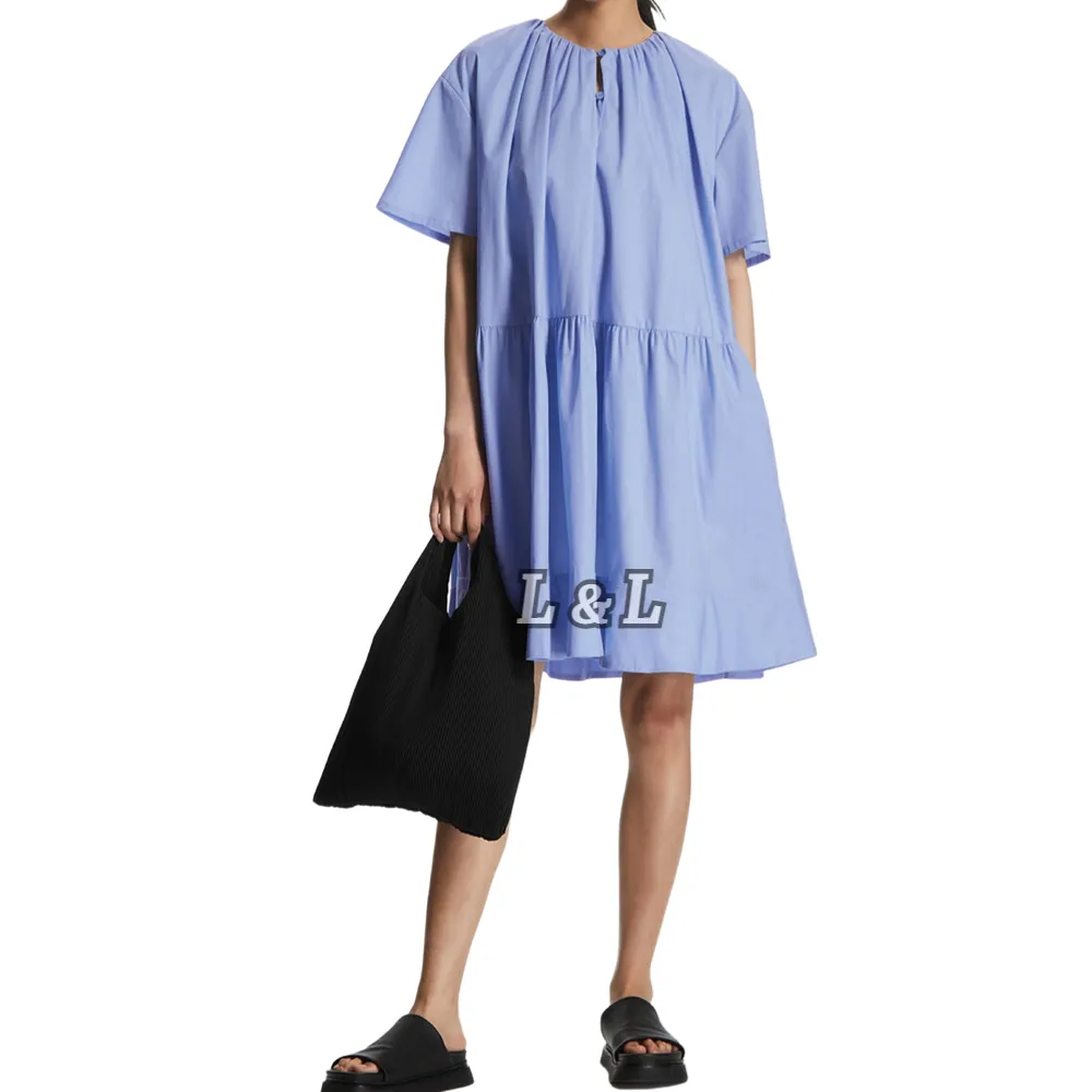 リンダファッション広州工場OEMODMカスタム100% コットンミニネックライトブルーシャツドレス女性用