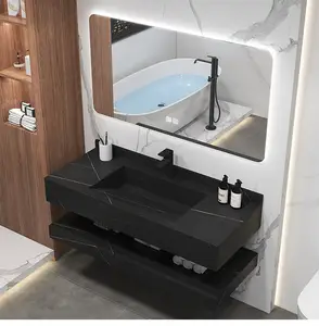 Pia de banheiro de hotel de superfície sólida retangular lavatório integrado duplo flutuante em mármore moderno SIMU Triângulo Pia de cozinha 2001