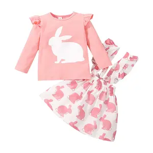 De alta calidad en el día de la Pascua 0-2T Rosa t camisa de conejo de impresión mono falda 2pcs bebé vestido de niña de niño conjunto de ropa