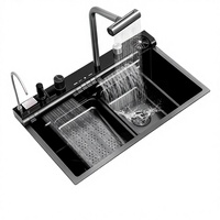 Évier de cuisine moderne noir de 30 pouces, surface nano, multifonctionnel, affichage numérique, fonctionnalités intelligentes, planche à découper, robinet extractible