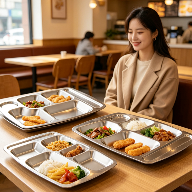 FLEY Stainless Steel 6 Compartments  Dinner Tray Wholesale Stackable Section Plate for School  Restaurant Kitchen Food Storage