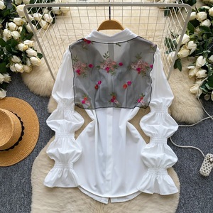 Französischer romantischer Stil, Laternenärmel, Hemd mit Schleife, zweiteiliges Set mit tailliertem Schnitt für Damen im süßen Herbst-Stil. - Product Image 4