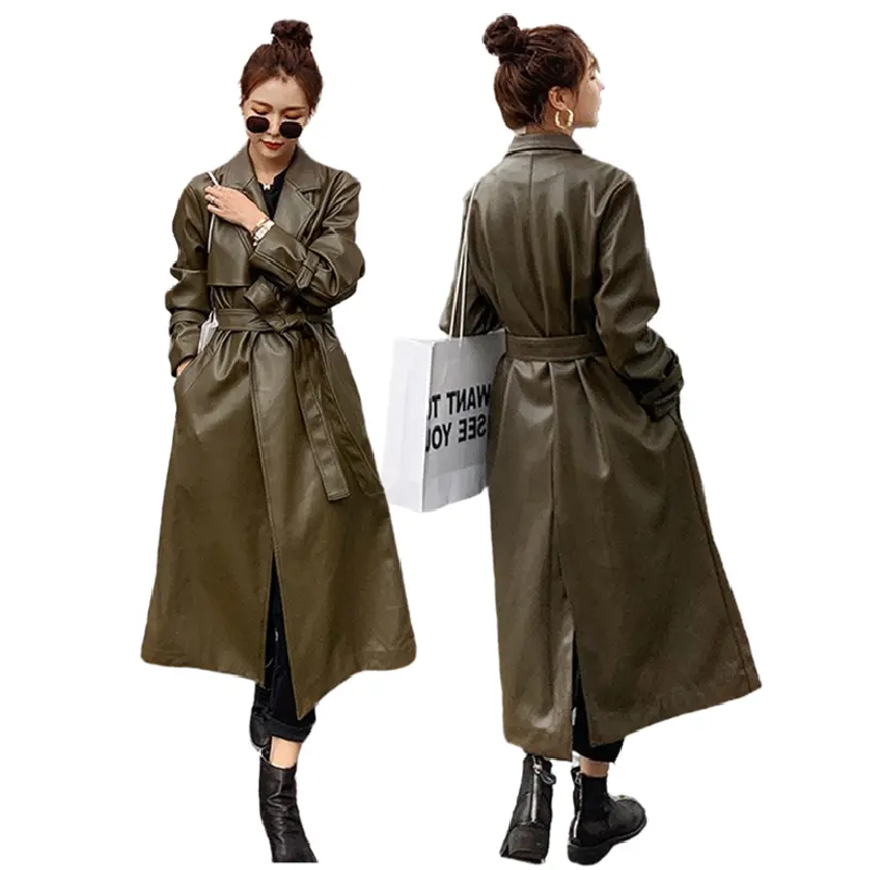 213A817 Top Quality Korean Style Long Army Green Leather Windbreaker Fashion Leather Trench Coat Women Autumn And Winter Coat