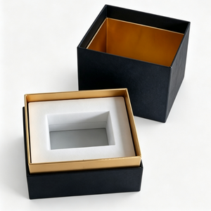 Boîte cadeau carrée noire avec bande dorée, couvercle amovible, insert renforcé, logo personnalisé, pour bijoux, cosmétiques, électronique, boîte cadeau de luxe - Product Image 1