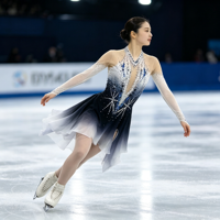 Robe de patinage artistique bleu-noir dégradé avec strass étincelants et maille à manches longues pour enfants et adultes – Idéale pour la compétition et les spectacles