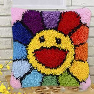 Custom DIY Yarn Art and Craft Pre Printed Canvas Throw Pillow Cover Sunflower Latch Hook Kits Cushion for Adults Beginner