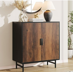 Meuble TV en bois cannelé gris de 59 ''Table console centrale de divertissement avec armoire de rangement pour salon cuisine - Product Image 2