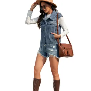 Benuynffy Women's Denim Vest 2024 Spring New American Casual Washed Sleeveless Jeans Jacket Ladies Buttoned Short Outwear Tops