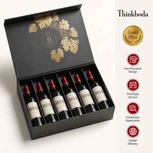 Caja de Regalo para 6 Botellas de <span class=keywords><strong>Vino</strong></span>, Cartón Rígido, Empaque Premium para Seis Botellas de <span class=keywords><strong>Vino</strong></span> Tinto con Lámina Dorada, Empaque al por Mayor - Product Image 1
