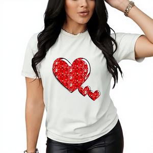 T-shirt décontracté pour femme, Saint-Valentin, imprimé cœur brillant, col floqué, manches courtes, respirant, 100% coton jersey - Product Image 1