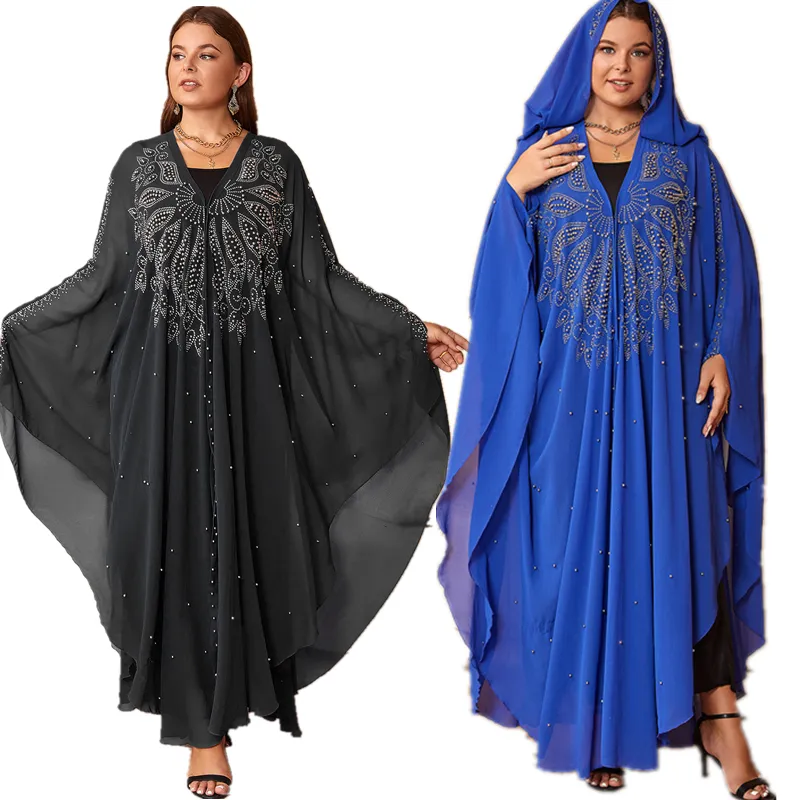 Mode Kaftan Abaya sifon Muslim bertudung Boubou Dubai Turki Kaftan gaun Maxi pakaian Islami elegan manik Afrika Gaun