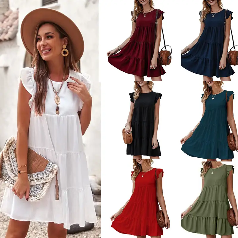 2022 New Solid Color Round Neck Cake Skirt Short Sleeve Breathable Casual Pleated Dress